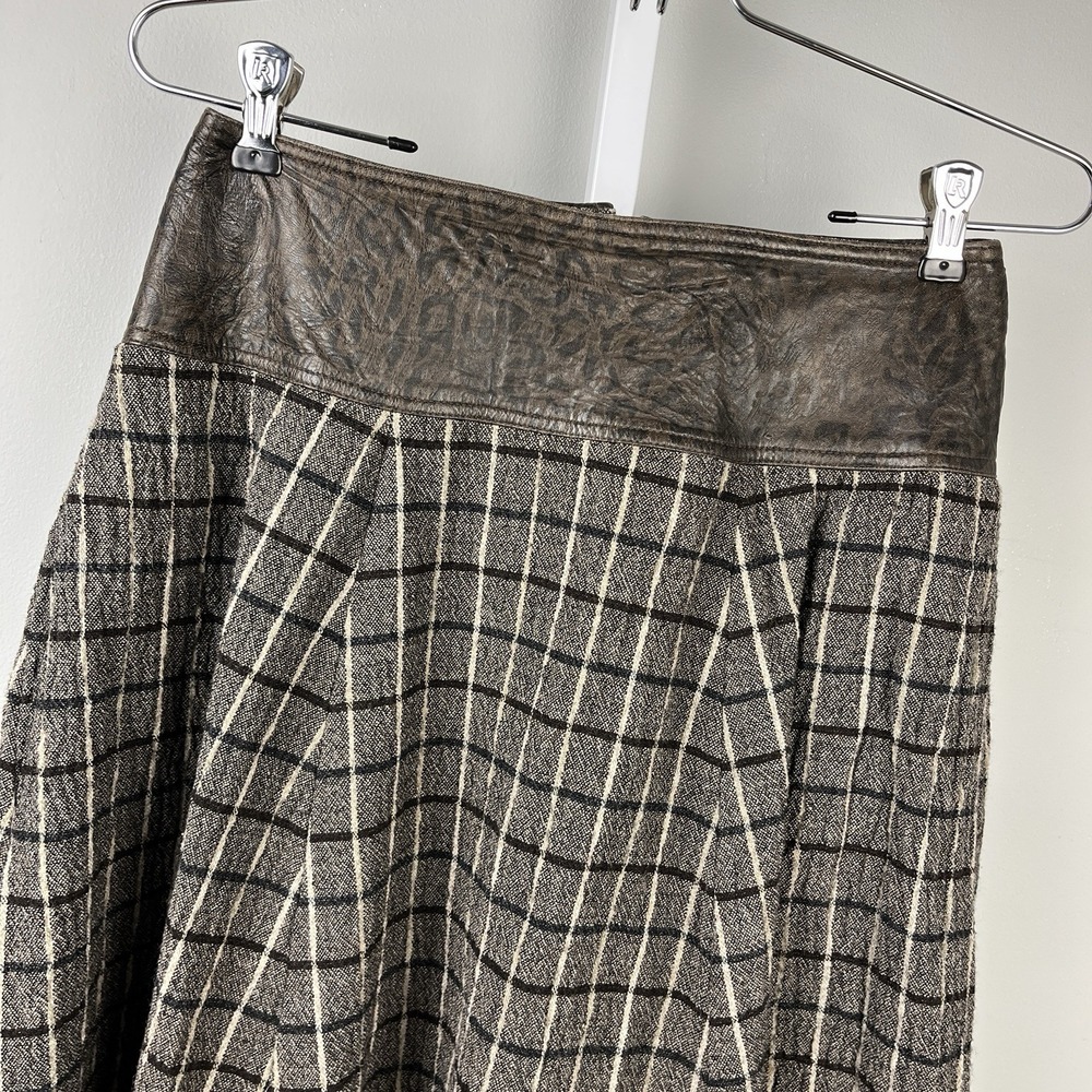 Vintage Bagatelle Midi‎ Skirt Womens 8 Brown Plaid Leather Trim Western Boho